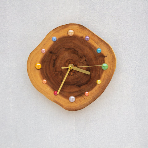 Handcrafted Acacia Wood Wall Clock - Unique Artisan Design with Colorful Ceramic Beads - Eco-Friendly Home Decor - Modern Rustic Wall Clock-Silvia Home Craft