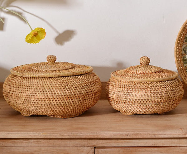 Woven Storage Basket for Kitchen, Round Storage Basket, Rattan Baskets, Small Storage Baskets, Handmade Storage Baskets, Round Storage Basket with Lid-Silvia Home Craft