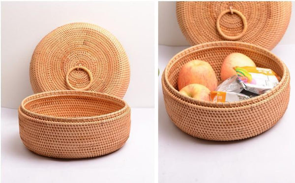 Rattan Basket, Storage Basket with Lid, Woven Basket for Kitchen, Storage Basket for Dining Room, Round Storage Basket-Silvia Home Craft