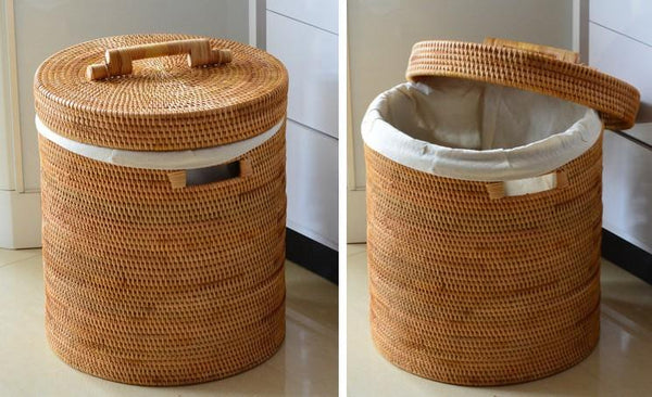 Large Laundry Storage Basket with Lid, Large Rattan Storage Basket for Bathroom, Woven Round Storage Basket for Clothes-Silvia Home Craft