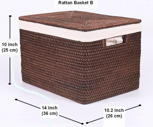 Storage Baskets for Bathroom, Rectangular Storage Baskets, Storage Basket with Lid, Storage Baskets for Clothes, Large Brown Rattan Storage Baskets-Silvia Home Craft