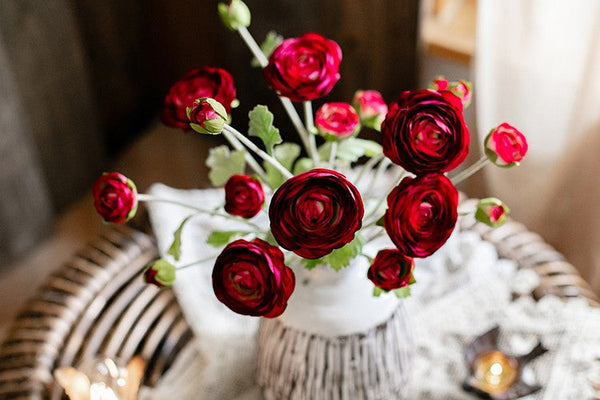 Bedroom Flower Arrangement Ideas, Red Ranunculus Asiaticus Flowers, Simple Modern Floral Arrangement Ideas for Home Decoration, Spring Artificial Floral for Dining Room-Silvia Home Craft