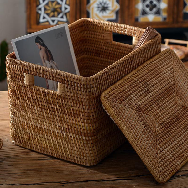 Rectangular Storage Basket with Lid, Rattan Storage Baskets for Clothes, Kitchen Storage Baskets, Oversized Storage Baskets for Living Room-Silvia Home Craft