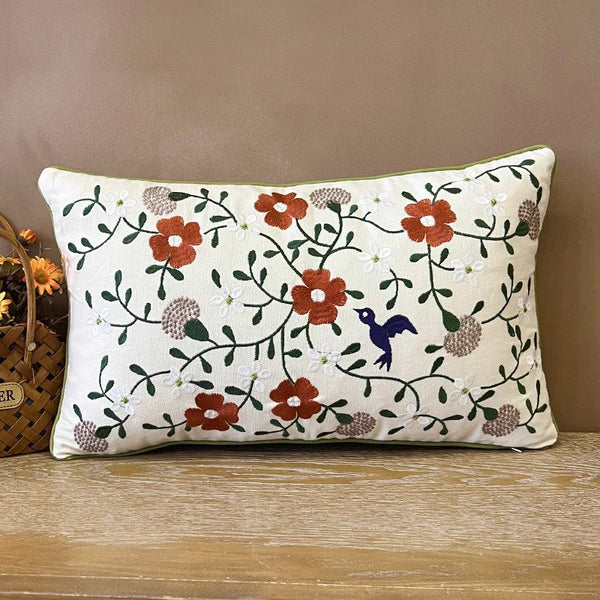 Bird Spring Flower Decorative Throw Pillows, Farmhouse Sofa Decorative Pillows, Embroider Flower Cotton Pillow Covers, Flower Decorative Throw Pillows for Couch-Silvia Home Craft
