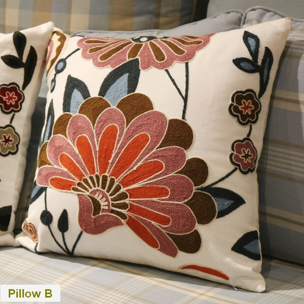 Sofa Decorative Pillows, Embroider Flower Cotton Pillow Covers, Flower Decorative Throw Pillows for Couch, Farmhouse Decorative Throw Pillows-Silvia Home Craft