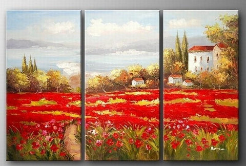 Italian Red Poppy Field, Canvas Painting, Landscape Art, Landscape Painting, Large Painting, Living Room Wall Art, Oil on Canvas, 3 Piece Oil Painting, Large Wall Art-Silvia Home Craft