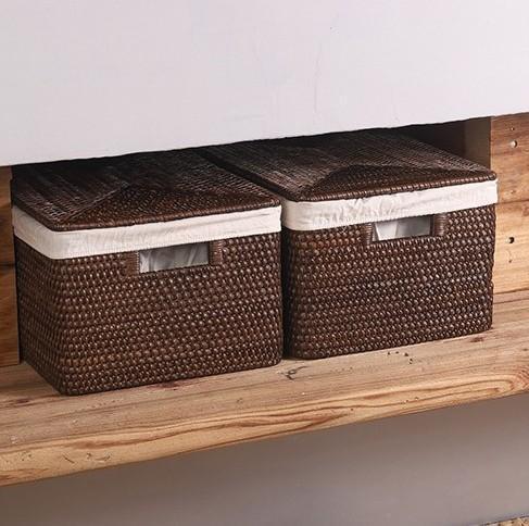 Storage Baskets for Bathroom, Rectangular Storage Baskets, Storage Basket with Lid, Storage Baskets for Clothes, Large Brown Rattan Storage Baskets-Silvia Home Craft