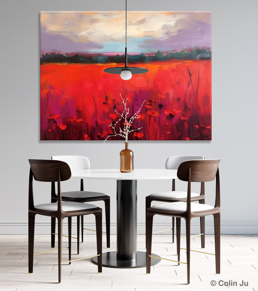 Simple Modern Art, Original Landscape Painting, Landscape Paintings for Living Room, Poppy Filed Canvas Paintings, Large Wall Art Paintings-Silvia Home Craft