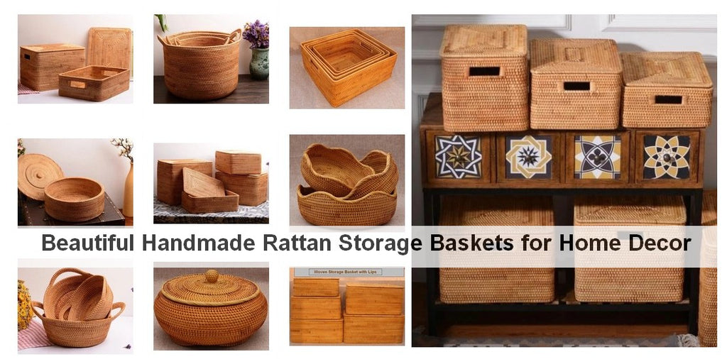 Beautiful Rattan Storage Baskets, Wicker Storage Baskets, Rectangular Storage Basket for Shelves, Round Storage Baskets for Kitchen and Bathroom