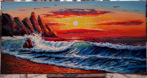Seascape Big Wave Painting Sunrise Painting 24x48 inch