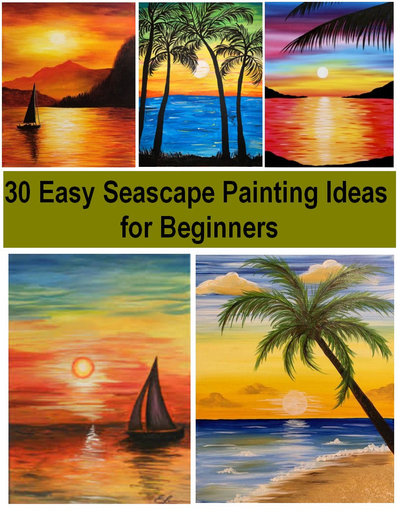 30 Easy Seascape Painting Ideas for Beginners, Simple Landscape Painting Ideas, Easy Sunrise Paintings, Boat Paintings, Easy Sunset Paintings, Beach Paintings