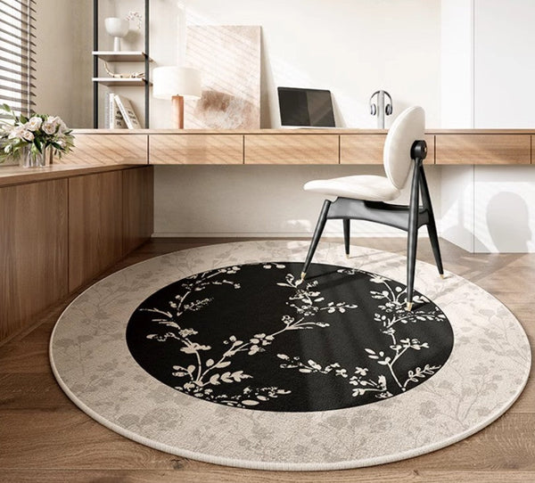 Contemporary Round Rugs for Dining Room, Flower Pattern Round Carpets under Coffee Table, Circular Modern Rugs for Living Room, Modern Area Rugs for Bedroom-Silvia Home Craft