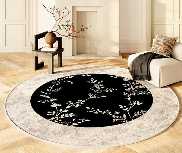 Contemporary Round Rugs for Dining Room, Flower Pattern Round Carpets under Coffee Table, Circular Modern Rugs for Living Room, Modern Area Rugs for Bedroom-Silvia Home Craft
