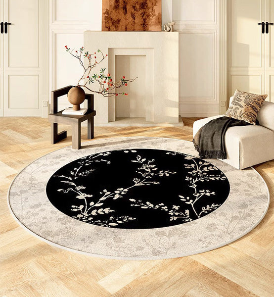 Contemporary Round Rugs for Dining Room, Flower Pattern Round Carpets under Coffee Table, Circular Modern Rugs for Living Room, Modern Area Rugs for Bedroom-Silvia Home Craft