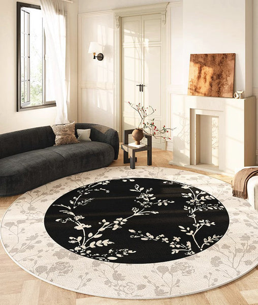 Contemporary Round Rugs for Dining Room, Flower Pattern Round Carpets under Coffee Table, Circular Modern Rugs for Living Room, Modern Area Rugs for Bedroom-Silvia Home Craft