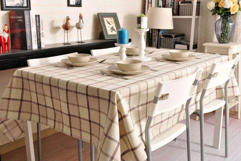 Rustic Wedding Tablecloth, Checked Tablecloth for Home Decoration, Table Cover, Beige Color Checkerboard Linen Tablecloth-Silvia Home Craft