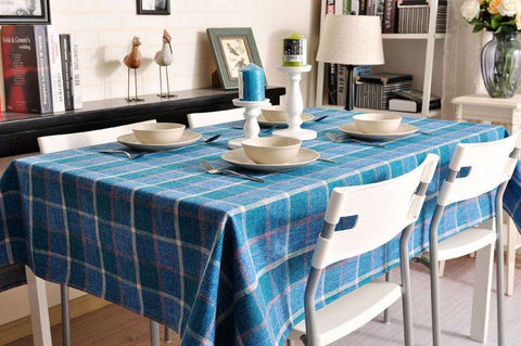 Modern Blue Table Cover, Blue Checked Linen Tablecloth, Rustic Home Decor, Checkerboard Tablecloth for Dining Room Table-Silvia Home Craft