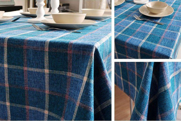 Modern Blue Table Cover, Blue Checked Linen Tablecloth, Rustic Home Decor, Checkerboard Tablecloth for Dining Room Table-Silvia Home Craft