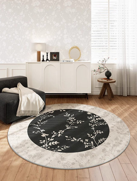 Contemporary Round Rugs for Dining Room, Flower Pattern Round Carpets under Coffee Table, Circular Modern Rugs for Living Room, Modern Area Rugs for Bedroom-Silvia Home Craft