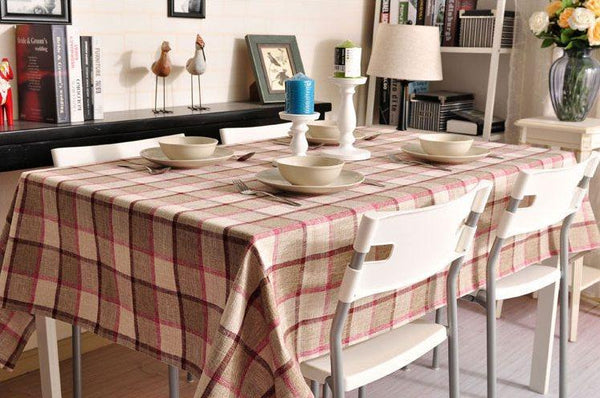 Khaki Checked Linen Tablecloth, Rustic Home Decor , Checkerboard Tablecloth, Table Cover-Silvia Home Craft