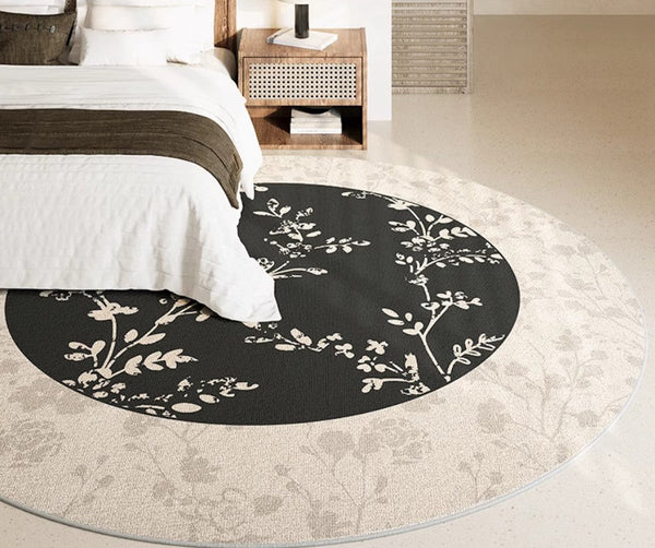 Contemporary Round Rugs for Dining Room, Flower Pattern Round Carpets under Coffee Table, Circular Modern Rugs for Living Room, Modern Area Rugs for Bedroom-Silvia Home Craft
