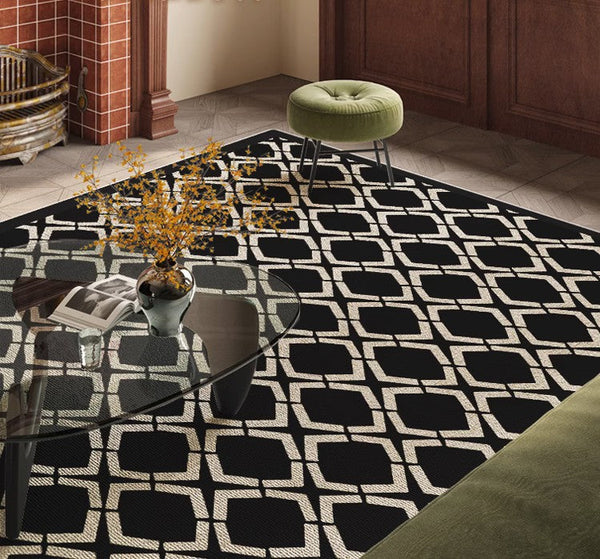 Abstract Contemporary Rugs for Bedroom, Modern Area Rugs under Sofa, Modern Black Rugs for Living Room, Dining Room Floor Rugs, Modern Carpets for Office-Silvia Home Craft