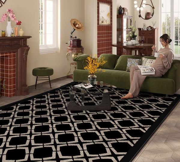 Abstract Contemporary Rugs for Bedroom, Modern Area Rugs under Sofa, Modern Black Rugs for Living Room, Dining Room Floor Rugs, Modern Carpets for Office-Silvia Home Craft