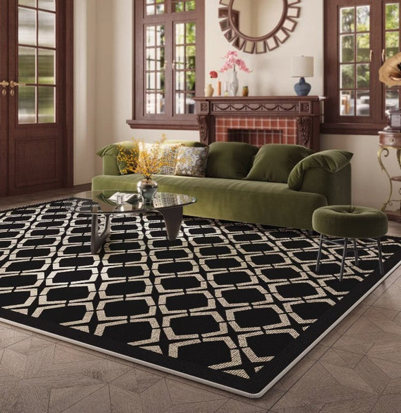 Abstract Contemporary Rugs for Bedroom, Modern Area Rugs under Sofa, Modern Black Rugs for Living Room, Dining Room Floor Rugs, Modern Carpets for Office-Silvia Home Craft