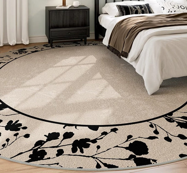 Flower Pattern Round Carpets under Coffee Table, Contemporary Round Rugs for Dining Room, Circular Modern Rugs for Living Room, Modern Area Rugs for Bedroom-Silvia Home Craft