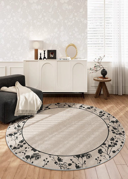 Flower Pattern Round Carpets under Coffee Table, Contemporary Round Rugs for Dining Room, Circular Modern Rugs for Living Room, Modern Area Rugs for Bedroom-Silvia Home Craft