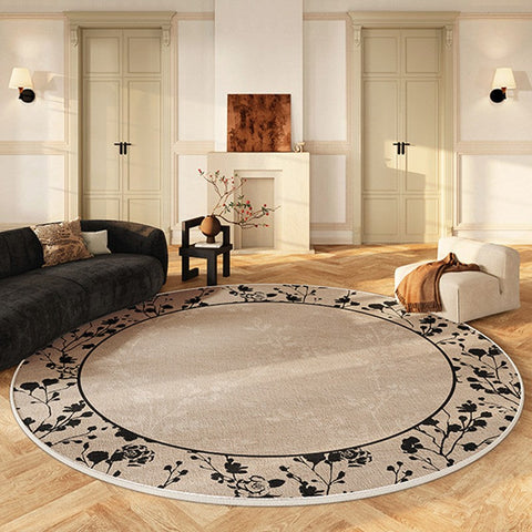 Flower Pattern Round Carpets under Coffee Table, Contemporary Round Rugs for Dining Room, Circular Modern Rugs for Living Room, Modern Area Rugs for Bedroom-Silvia Home Craft