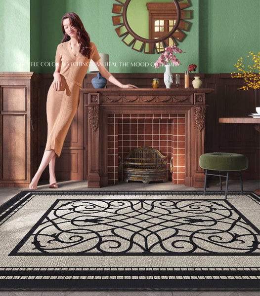 Dining Room Floor Rugs, Modern Area Rugs under Sofa, Modern Black Rugs for Living Room, Abstract Contemporary Rugs for Bedroom, Modern Carpets for Office-Silvia Home Craft