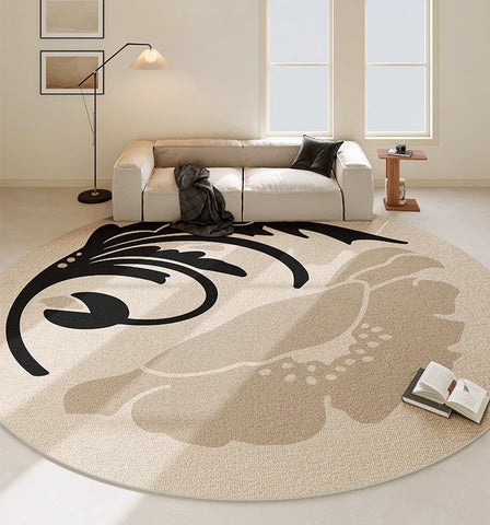 Dining Room Round Rugs, Modern Area Rugs under Coffee Table, Round Modern Rugs, Flower Pattern Abstract Contemporary Area Rugs, Modern Rugs in Bedroom-Silvia Home Craft