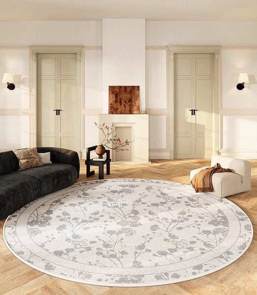 Modern Area Rugs for Bedroom, Flower Pattern Round Carpets under Coffee Table, Contemporary Round Rugs for Dining Room, Circular Modern Rugs for Living Room-Silvia Home Craft