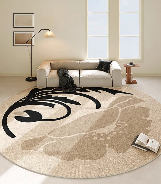 Dining Room Round Rugs, Modern Area Rugs under Coffee Table, Round Modern Rugs, Flower Pattern Abstract Contemporary Area Rugs, Modern Rugs in Bedroom-Silvia Home Craft