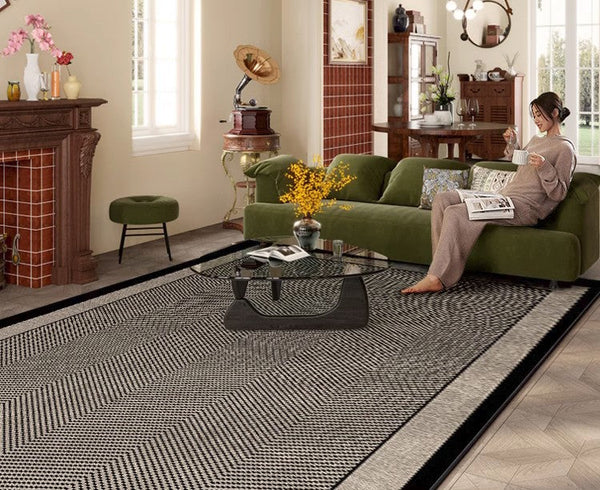 Mid Century Black Rugs for Living Room, Elegant Modern Area Rugs under Sofa, Dining Room Floor Rugs, Abstract Contemporary Rugs for Bedroom, Modern Carpets for Office-Silvia Home Craft