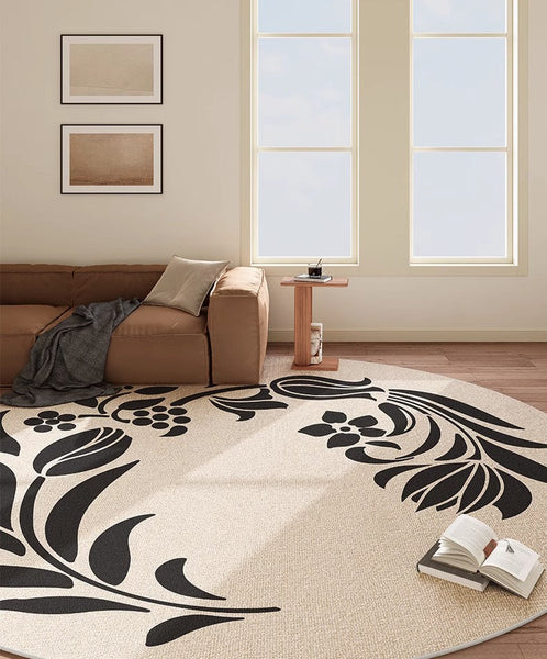 Large Modern Area Rugs under Coffee Table, Dining Room Modern Rugs, Flower Pattern Modern Rugs for Bedroom, Abstract Round Rugs under Sofa-Silvia Home Craft