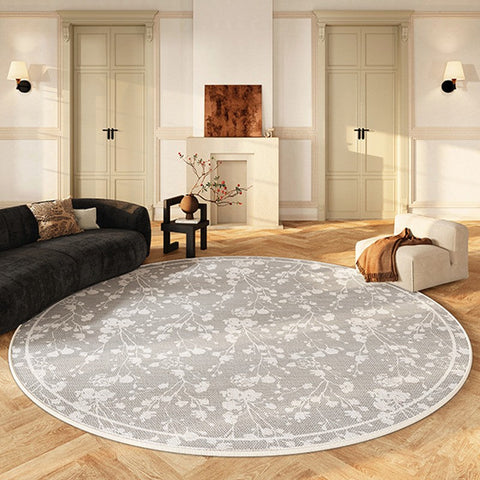 Circular Modern Rugs for Living Room, Modern Area Rugs for Bedroom, Flower Pattern Round Carpets under Coffee Table, Contemporary Round Rugs for Dining Room-Silvia Home Craft