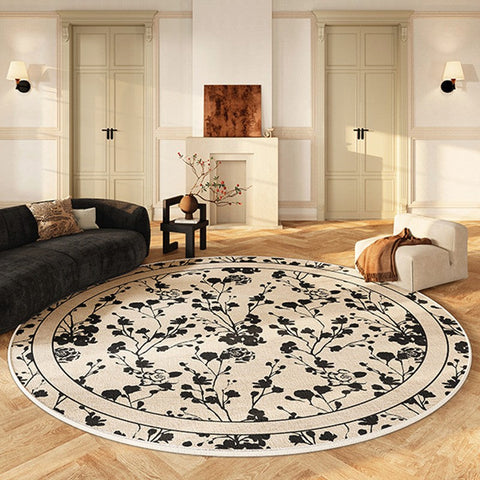 Modern Area Rugs for Bedroom, Flower Pattern Round Carpets under Coffee Table, Circular Modern Rugs for Living Room, Contemporary Round Rugs for Dining Room-Silvia Home Craft