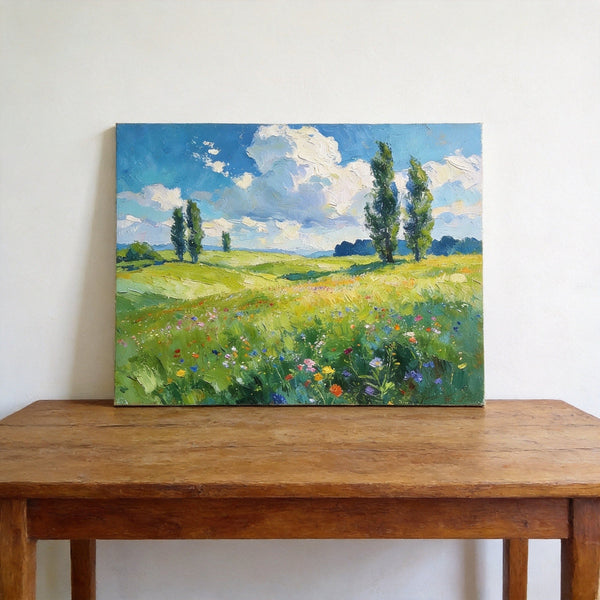 Original Landscape Paintings, Sunlit Wildflower Meadow, Small Canvas Wall Art Paintings, Buy Original Artwork Online, Hand Painted Canvas Art-Silvia Home Craft