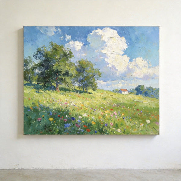 Original Landscape Paintings, Wildflower Hillside Under Soft Clouds, Buy Original Artwork Online, Hand Painted Canvas Art, Small Canvas Wall Art Paintings-Silvia Home Craft
