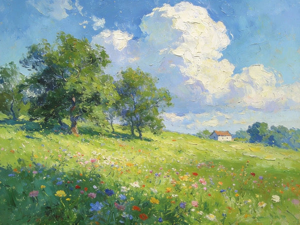 Original Landscape Paintings, Wildflower Hillside Under Soft Clouds, Buy Original Artwork Online, Hand Painted Canvas Art, Small Canvas Wall Art Paintings-Silvia Home Craft