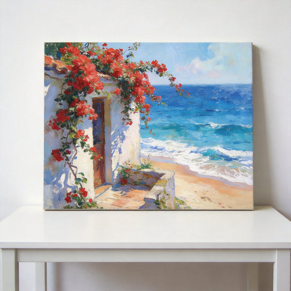 Buy Original Oil Paintings Online, Bougainvillea by the Turquoise Shore, Original Small Paintings, Seashore Beach Painting, Hand Painted Canvas Art, Small Canvas Wall Art Paintings-Silvia Home Craft
