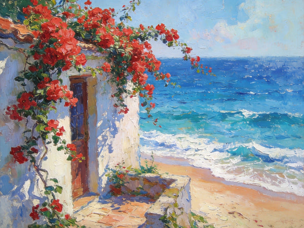 Buy Original Oil Paintings Online, Bougainvillea by the Turquoise Shore, Original Small Paintings, Seashore Beach Painting, Hand Painted Canvas Art, Small Canvas Wall Art Paintings-Silvia Home Craft