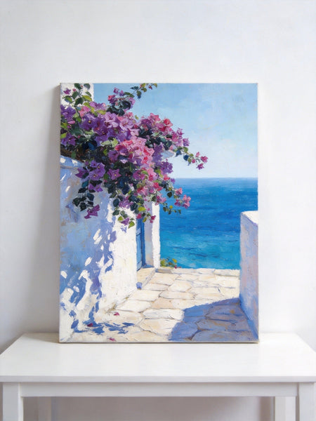 Original Landscape Paintings, Blooming Purple Bougainvillea and the Azure Mediterranean, Hand Painted Canvas Art, Small Canvas Wall Art Paintings, Original Oil Paintings-Silvia Home Craft