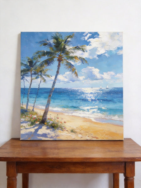 Hand Painted Canvas Art, Sunlit Palm Shore with Sails, Seashore Beach Painting, Small Canvas Artwork, Original Landscape Paintings, Buy Small Paintings Online-Silvia Home Craft