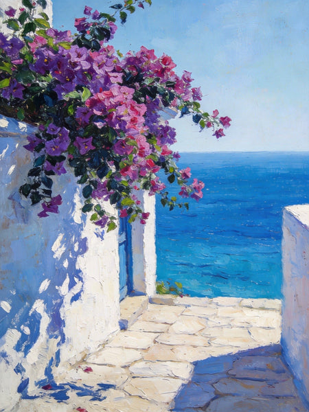 Original Landscape Paintings, Blooming Purple Bougainvillea and the Azure Mediterranean, Hand Painted Canvas Art, Small Canvas Wall Art Paintings, Original Oil Paintings-Silvia Home Craft
