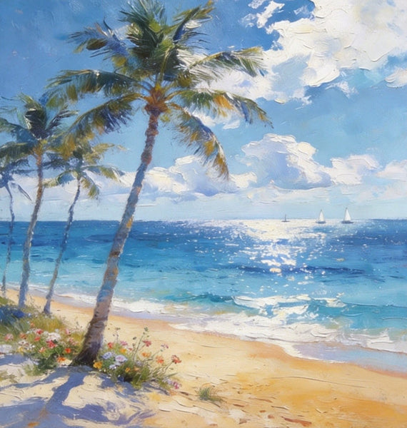 Hand Painted Canvas Art, Sunlit Palm Shore with Sails, Seashore Beach Painting, Small Canvas Artwork, Original Landscape Paintings, Buy Small Paintings Online-Silvia Home Craft