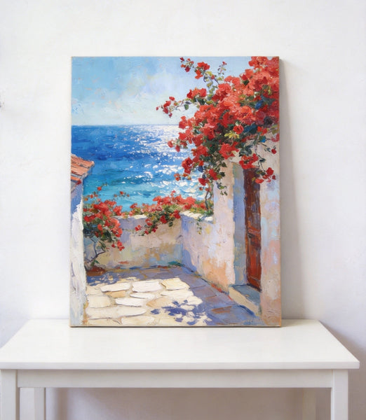 Crimson Blooms and Azure Mediterranean, Hand Painted Canvas Art, Original Landscape Paintings, Small Canvas Wall Art Paintings, Original Oil Paintings-Silvia Home Craft