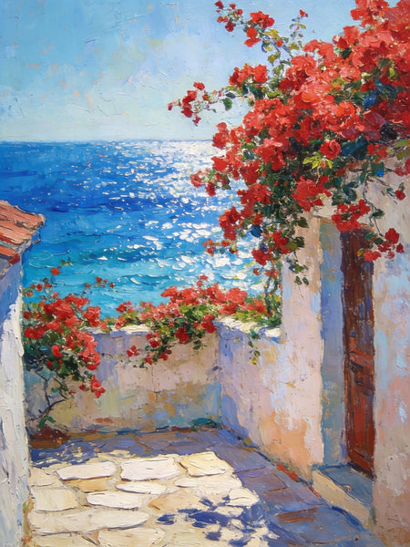 Crimson Blooms and Azure Mediterranean, Hand Painted Canvas Art, Original Landscape Paintings, Small Canvas Wall Art Paintings, Original Oil Paintings-Silvia Home Craft
